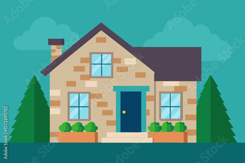 Suburban House With Stone Façade And Summer Window Boxes