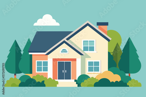 Suburban House With Trimmed Bushes And Summer Sun