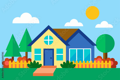 Suburban House With Colorful Garden Beds And Summer
