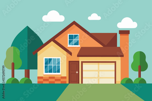 Suburban House With Brick Driveway And Summer Hanging Baskets