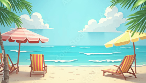 Beach scene with lounge chairs and umbrellas under palm trees, facing the ocean with gentle waves.