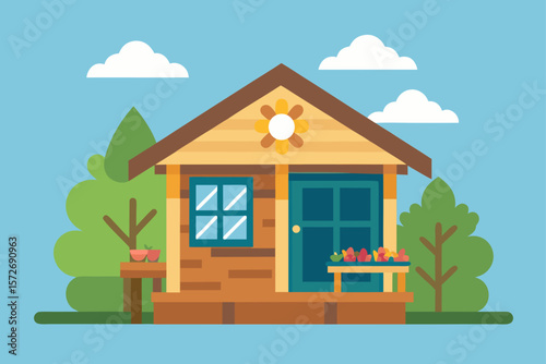 Small Cottage With Wooden Porch And Flower Boxes