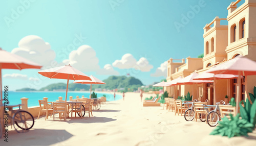 A vibrant, stylized seaside town scene with pastel colors and beachside cafes.