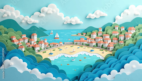 A vibrant, paper-cut coastal town scene with a beach, sailboats, and pastel colors.