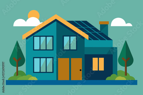 Modern Suburban Home With Solar Panels And Summer