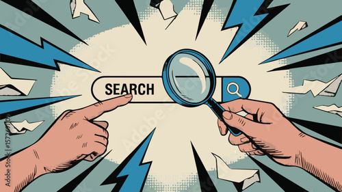 Vibrant Comic Style Illustration of Hands Pointing to a Search Bar with a Magnifying Glass, Emphasizing Discovery and Information Retrieval