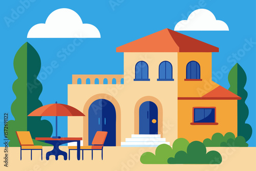 Mediterranean Villa With Outdoor Patio And Summer Atmosphere
