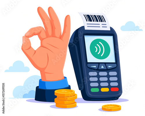 Contactless payment with card reader and okay gesture, indicating secure and efficient transaction for modern finance and business.