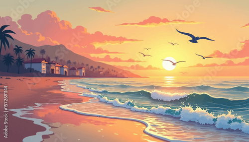 A serene beach scene at sunset with waves gently rolling onto the shore, birds flying, and buildings along the coast.