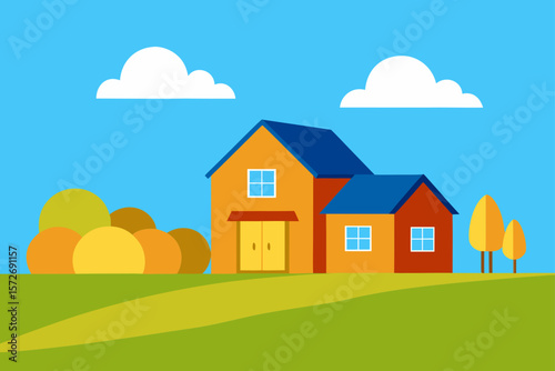 Large Farmhouse With Hay Bales In Front And Summer Sky