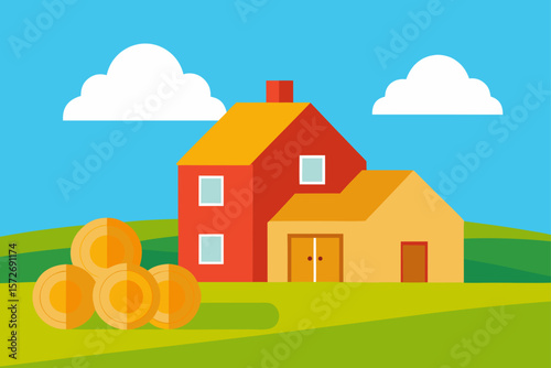 Large Farmhouse With Hay Bales In Front And Summer Sky