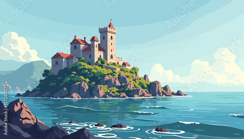 A picturesque island castle, nestled amidst a tranquil ocean landscape, bathed in sunlight.
