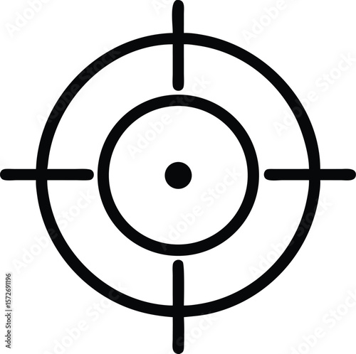A crosshairs target icon with a central dot, isolated on white, for aim, precision, focus, or goal.