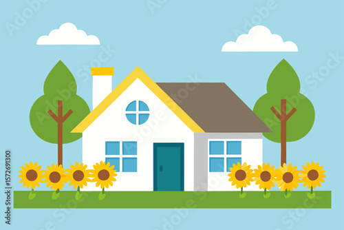 Cottage With White Walls And Summer Sunflowers In Full Bloom