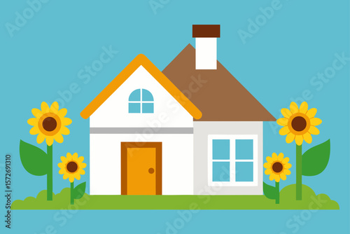 Cottage With White Walls And Summer Sunflowers In Full Bloom