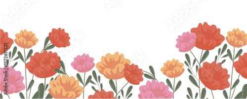 Colorful floral border with red, pink, orange, and yellow spring flowers and green leaves on a transparent background, ideal for seasonal and festive designs