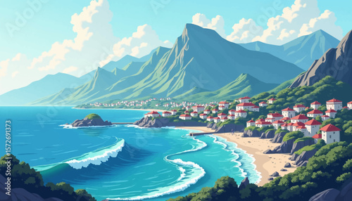 Coastal town nestled between mountains and the sea, with waves lapping on the sandy beach under a blue sky.