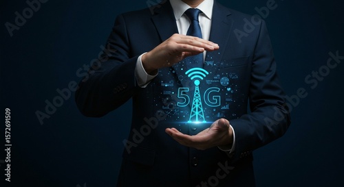 A man in a suit presents holographic imagery of a cellular data tower and the alphanumeric identifier of a technology.
