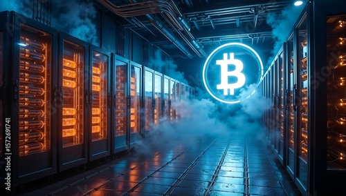Cyberpunk Bitcoin Mining Facility – Glowing Servers & Liquid-Cooled Rigs in Futuristic Underground Vault