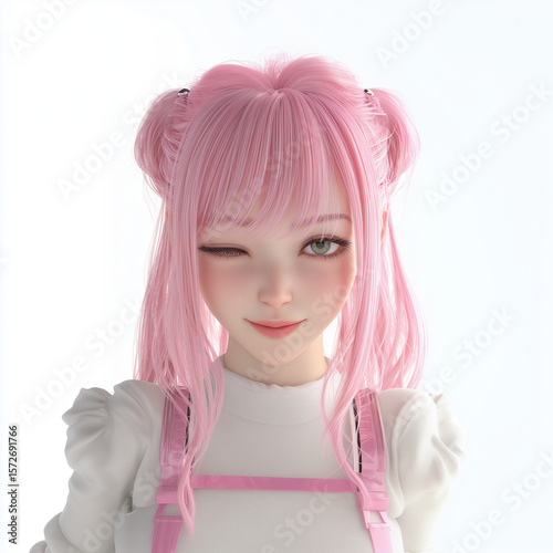 cute female avatar with beautiful long, pink hair girl winking isolated over white background