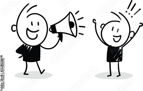  Stick Figure Announcing with Megaphone to Cheering Audience - Vector Illustration