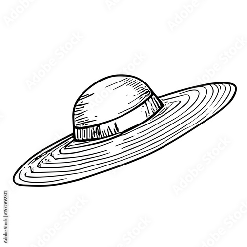 Doodle sketch of a wide-brimmed sun hat on transparent background for summer fashion accessory design