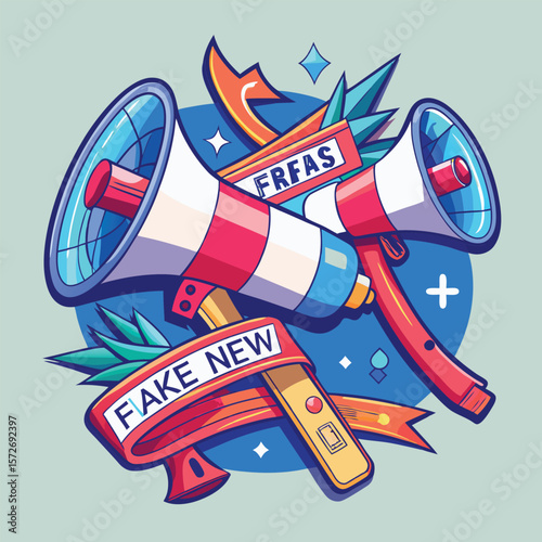 Two megaphones announcing fake news and frfas with decorative elements silhouette