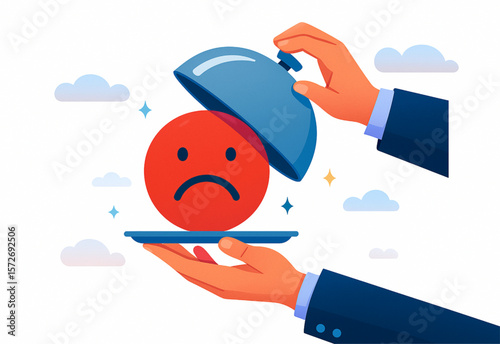 A serving of disappointment, a presentation of unhappiness, an illustration offering a sad emoji under a shiny cloche.