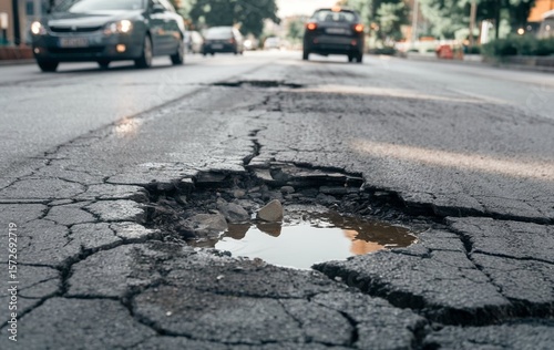 A close up of a pothole in the middle of the street