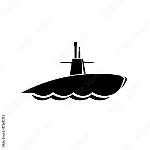 Silhouette pictogram of a submarine navigating through water in a minimalist design for various illustrative uses