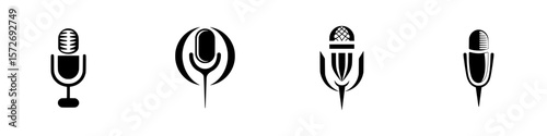 Silhouette pictogram icons set depicting various microphone designs for audio and music-related activities
