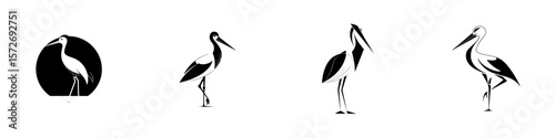 Diverse silhouettes of stork pictograms showcasing various postures in a minimalist vector design suitable for icons