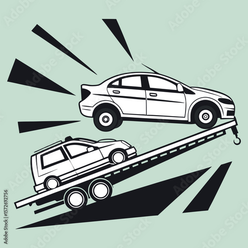 Stylized illustration of a tow truck transporting a car on a light green background isolated on light green background
