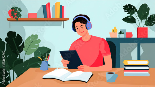 Young man studying at home with tablet and books
