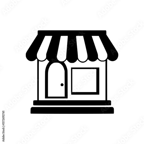 Silhouette pictogram of a small shop with a striped awning and door for various applications