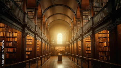 Grand historic library with arched ceilings and warm sunlight through window