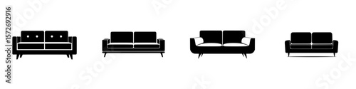 Collection of silhouette pictograms featuring various sofa designs in a stylish and modern aesthetic for interior design concepts