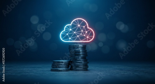 An abstract digital cloud icon rests above stacks of coins, symbolizing the cost and value of cloud technology.