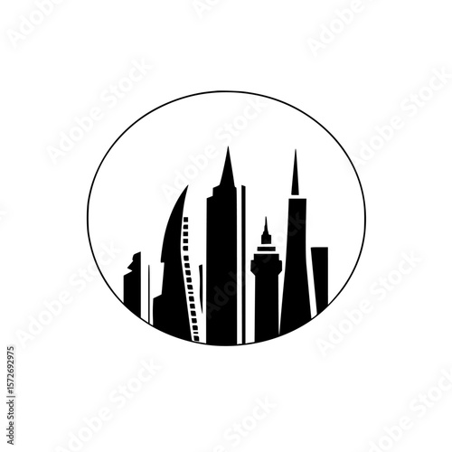 Silhouette pictogram of a modern city skyline featuring various skyscrapers in black against a circular background