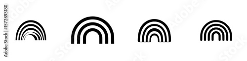 Pictograms of simplistic black and white rainbow silhouettes in varying sizes and designs for graphic design purposes