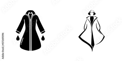 Silhouette pictograms of stylish raincoats showcased in black and white for design and illustrating purposes