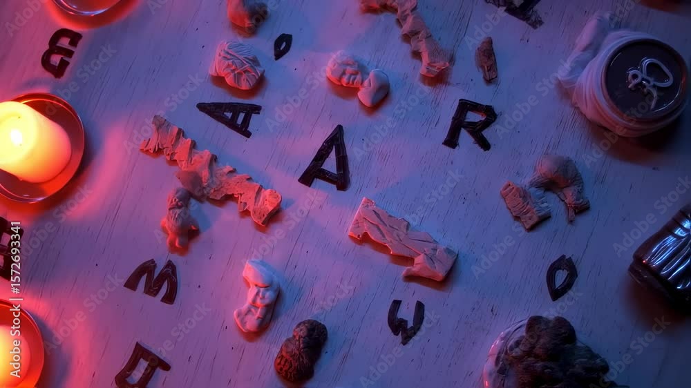Mysterious Ritual Scene with Candles, Letters, and Symbolic Objects on a Surface