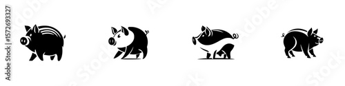 Silhouette pictograms of four different pig designs showcasing various postures and styles displayed in a simple format