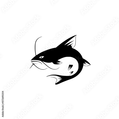 Silhouette pictogram of a catfish swimming with smooth lines and minimal detail in black color on a white background