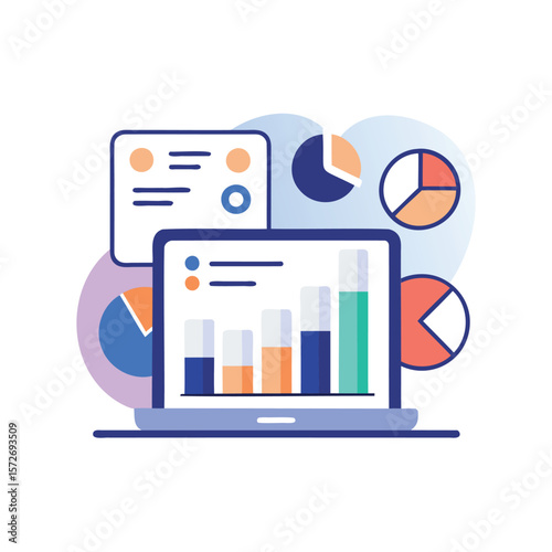 Flat design illustration of business analytics with charts and graphs