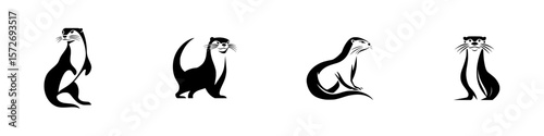 Silhouette pictogram set of playful otters in various poses showcasing their charming characteristics