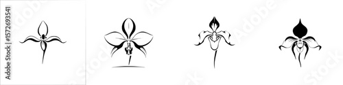 Set of isolated vector icons featuring silhouette pictograms of various orchid flowers in minimalistic design