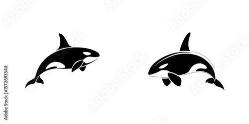 Silhouette pictogram of killer whales showcasing different postures in aquatic habitat