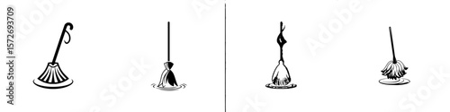 Silhouette pictogram set featuring various mop designs and cleaning tools for household use and maintenance