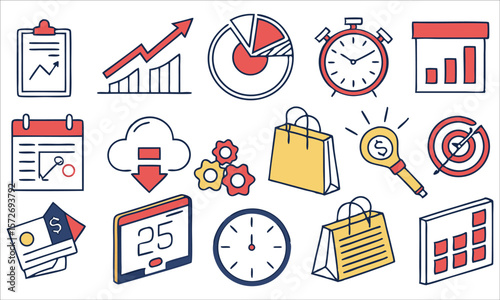 Business icons chart graph calendar clock shopping bag
